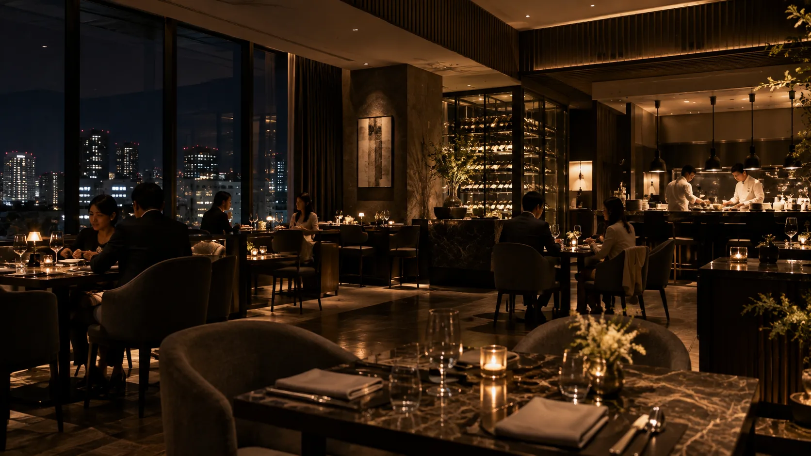 暖かな照明のホテルレストラン